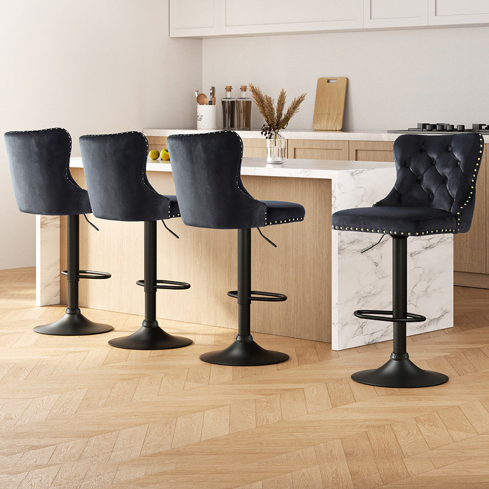 Table & Bar Stools: Artiss 4x Velvet Bar Stool Adjustable Height Nailhead Trim Kitchen Counter Stool