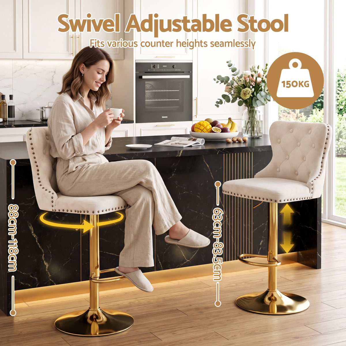 Artiss 1x Bar Stool Counter Chair Kitchen Adjustable Nailhead Trim Velvet Ivory
