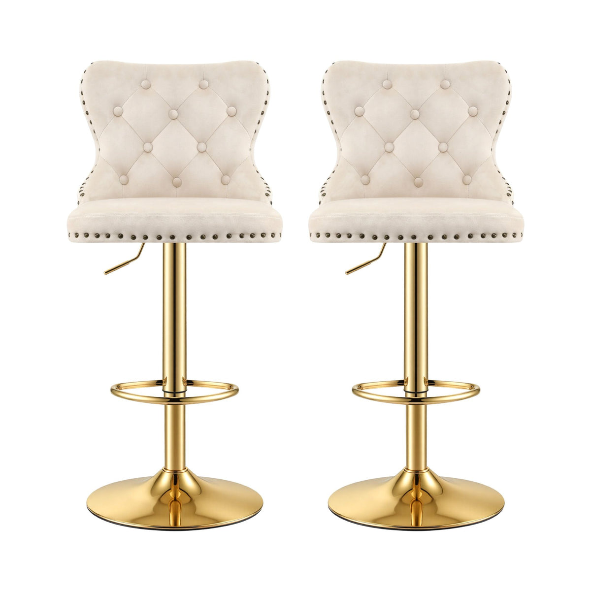 Artiss 2x Bar Stools Counter Chair Kitchen Adjustable Nailhead Trim Velvet Ivory