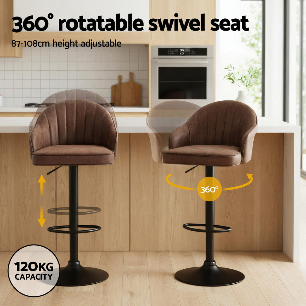 Table & Bar Stools: Artiss 2x Bar Stools Kitchen Swivel Gas Lift Counter Chair Shell Leather Brown