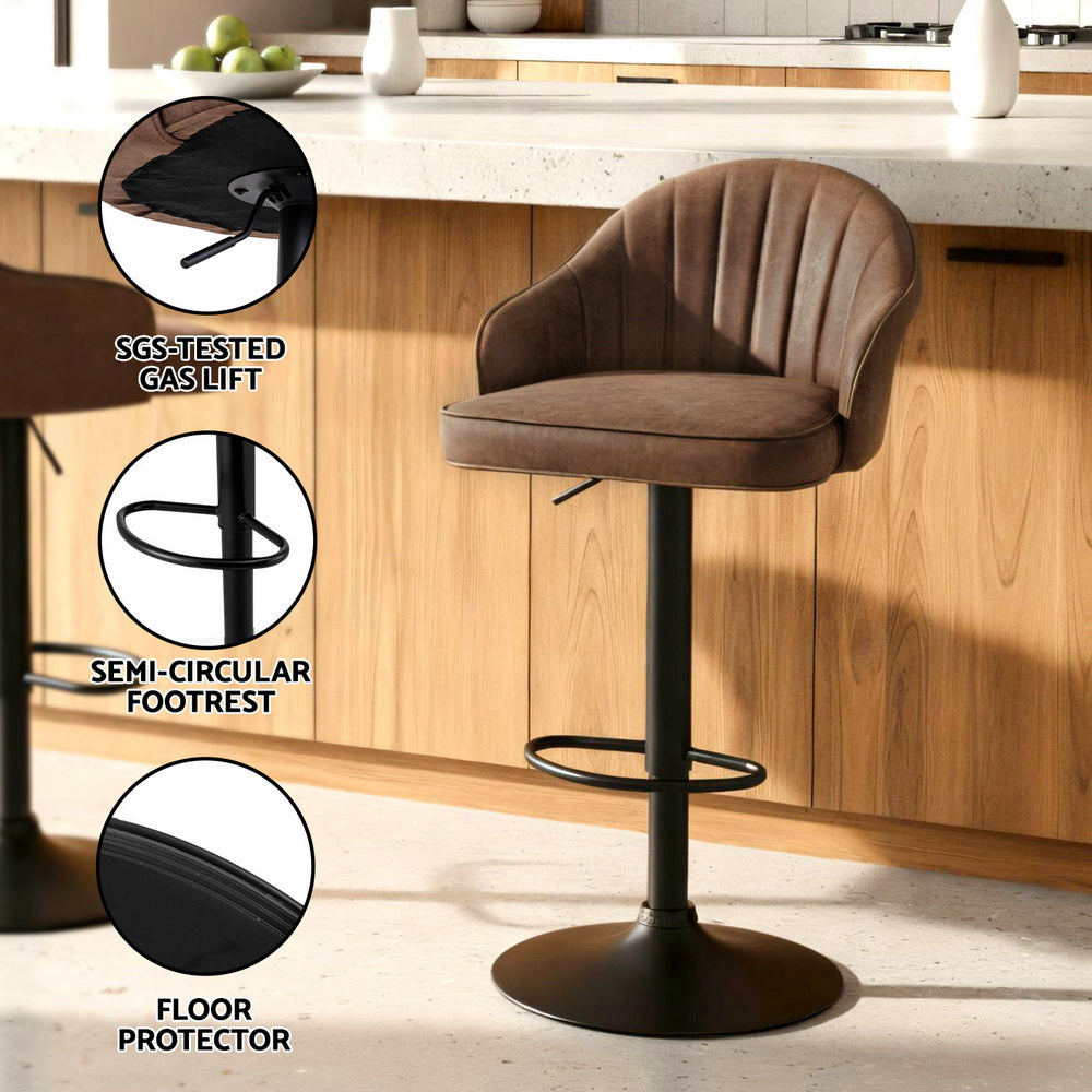 Table & Bar Stools: Artiss 2x Bar Stools Kitchen Swivel Gas Lift Counter Chair Shell Leather Brown