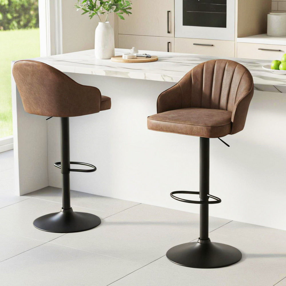 Table & Bar Stools: Artiss 2x Bar Stools Kitchen Swivel Gas Lift Counter Chair Shell Leather Brown
