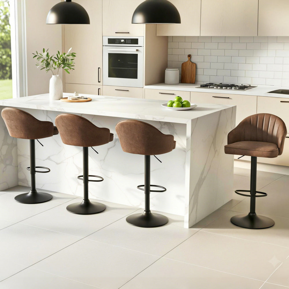 Table & Bar Stools: Artiss 4x Bar Stools Kitchen Swivel Gas Lift Counter Chair Shell Leather Brown