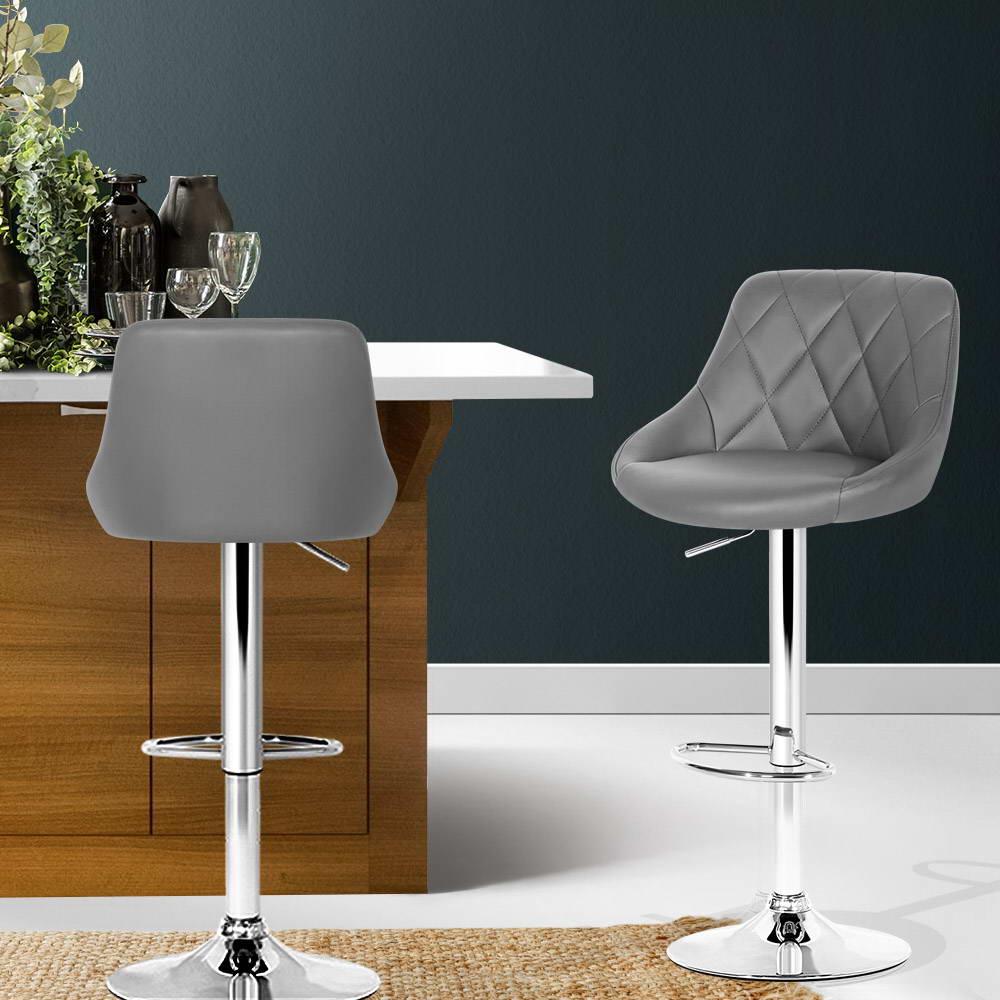 Table & Bar Stools: Artiss 2x Bar Stools Leather Padded Gas Lift Grey
