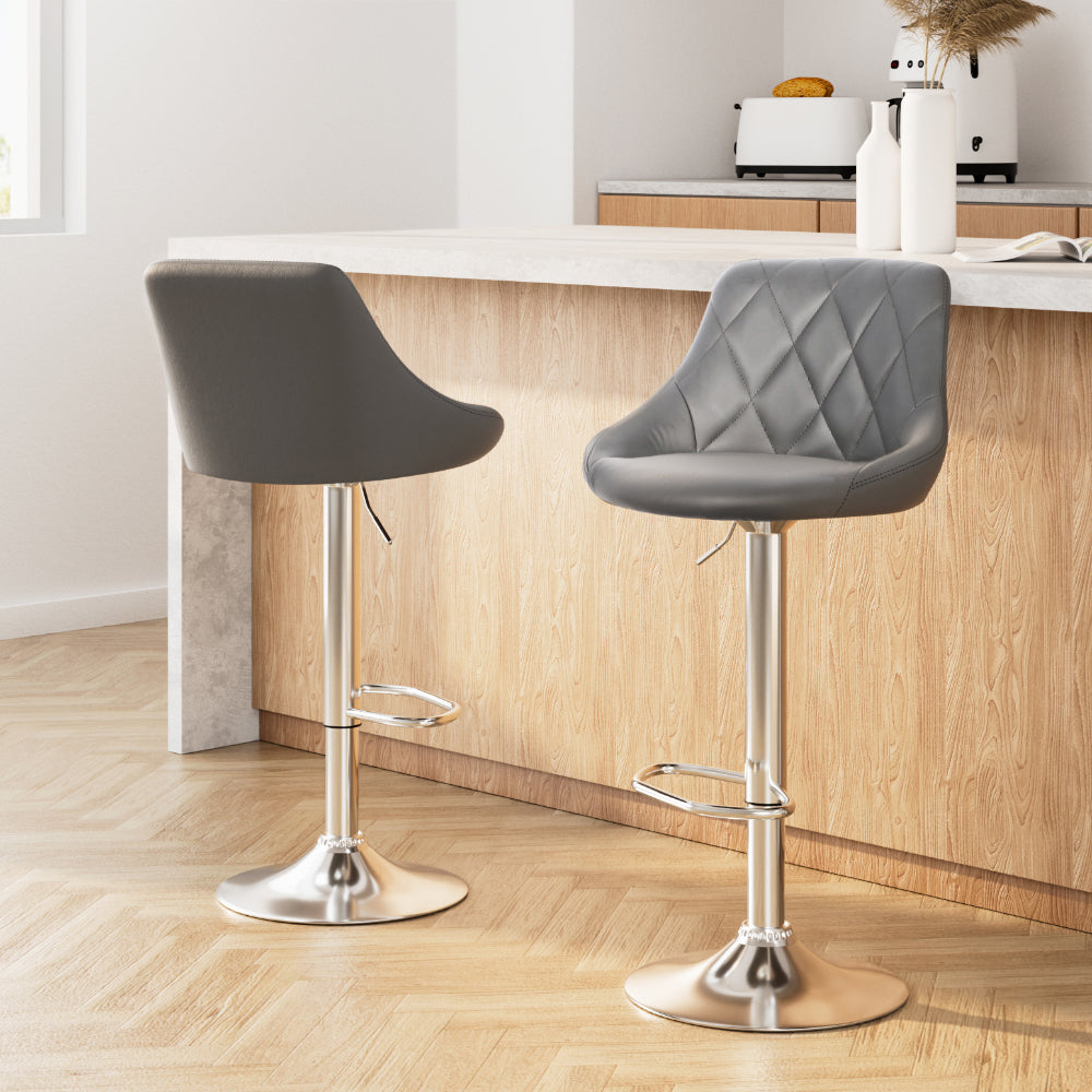 Table & Bar Stools: Artiss 2x Bar Stools Leather Padded Gas Lift Grey