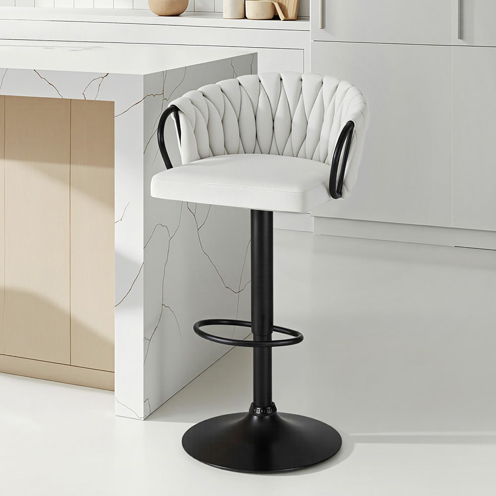 Table & Bar Stools: Artiss 1x Bar Stool Single Kitchen Dining Chair Counter Stool Woven Velvet Ivory