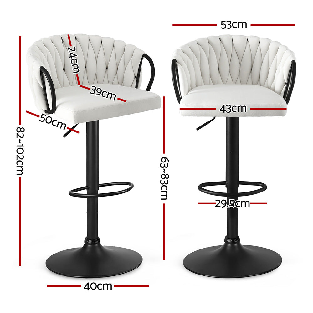 Table & Bar Stools: Artiss Bar Stool x2 Kitchen Dining Chair Counter Gaslift Woven Velvet Ivory