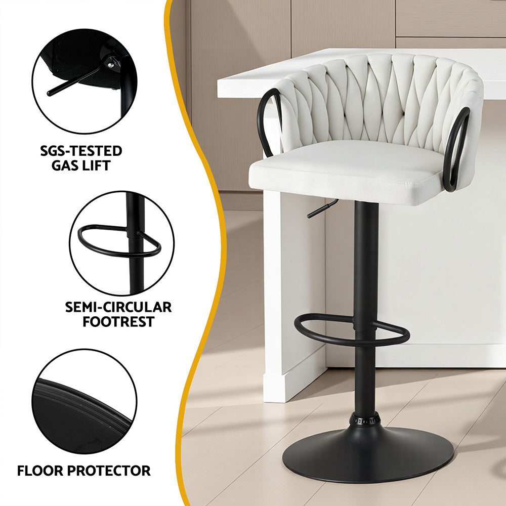 Table & Bar Stools: Artiss Bar Stool x2 Kitchen Dining Chair Counter Gaslift Woven Velvet Ivory