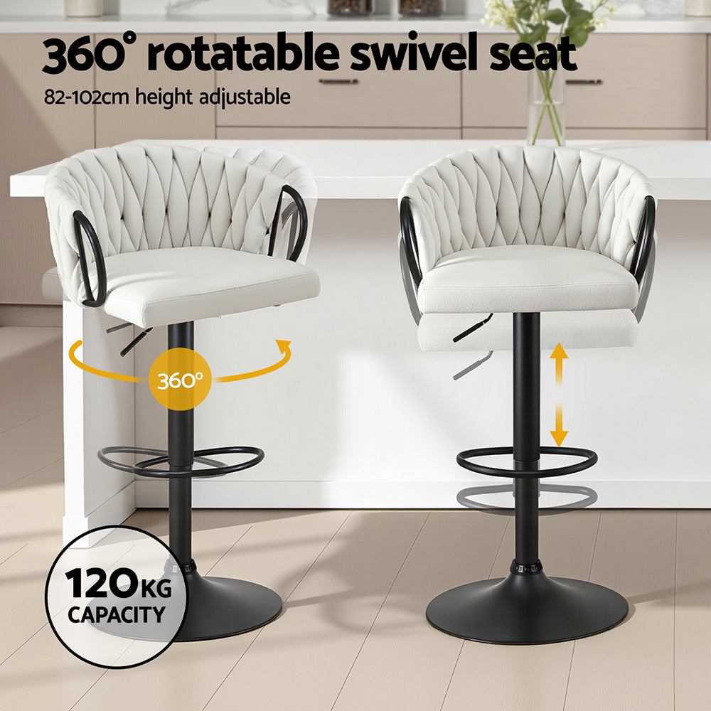 Table & Bar Stools: Artiss Bar Stool x4 Kitchen Dining Chair Counter Gaslift Woven Velvet Ivory