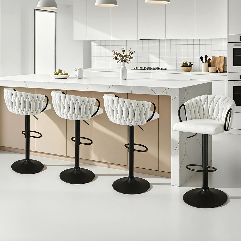 Table & Bar Stools: Artiss Bar Stool x4 Kitchen Dining Chair Counter Gaslift Woven Velvet Ivory