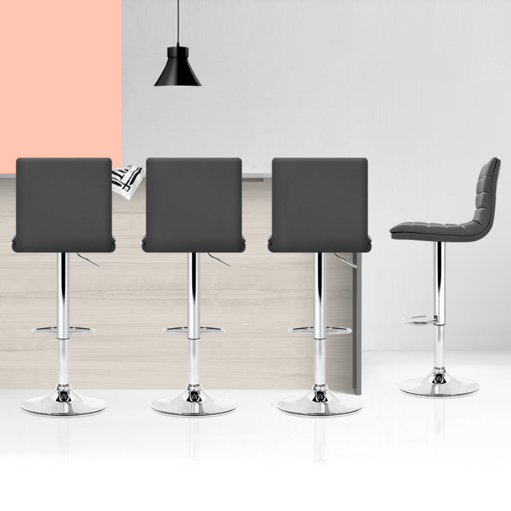 Table & Bar Stools: Artiss Set of 4 PU Leather Lined Pattern Bar Stools- Grey and Chrome