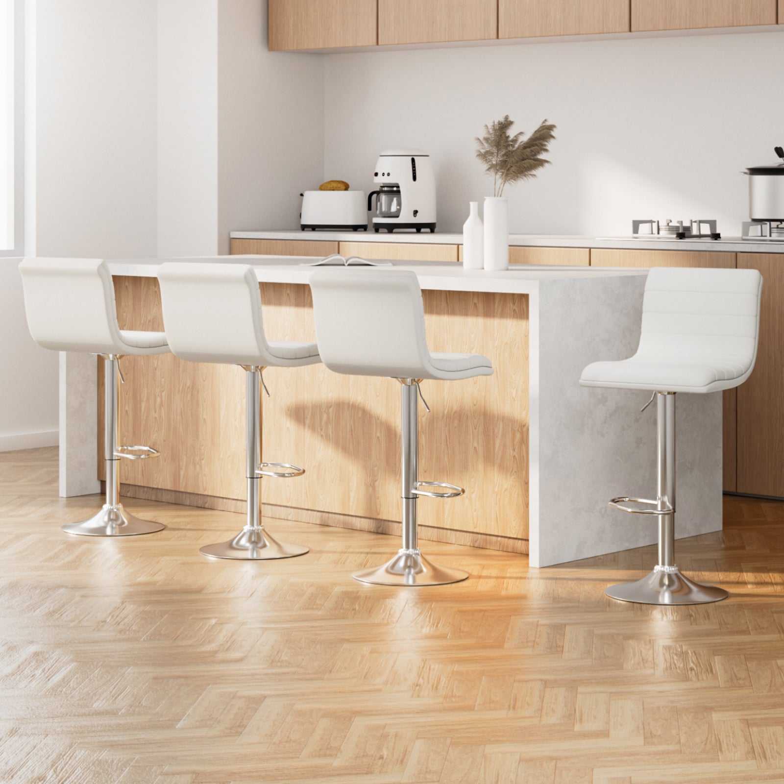 Table & Bar Stools: Artiss 4x Bar Stools Padded Leather Gas Lift White