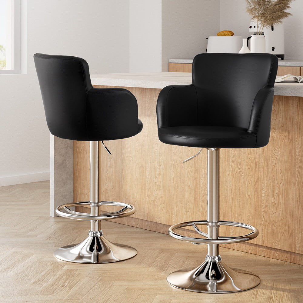 Table & Bar Stools: Artiss 2x Leather Bar Stools Swivel Adjustable Gas Lift PU Counter Chairs Black
