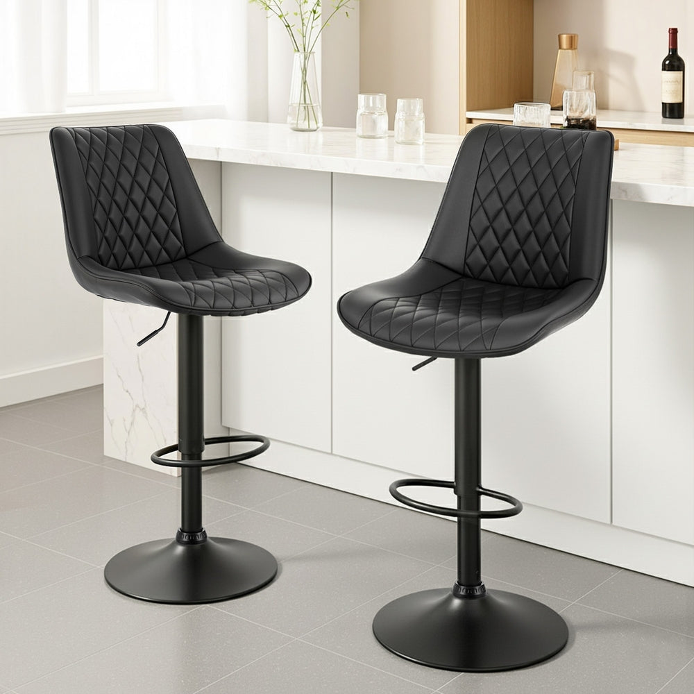 Table & Bar Stools: Artiss 2x Bar Stools Kitchen Swivel Gas Lift Counter Chair Diamond Leather Black