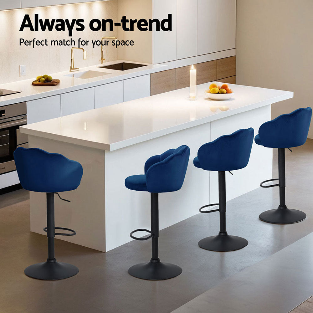 Table & Bar Stools: Artiss 4x Bar Stools Gas Lift Velvet Blue