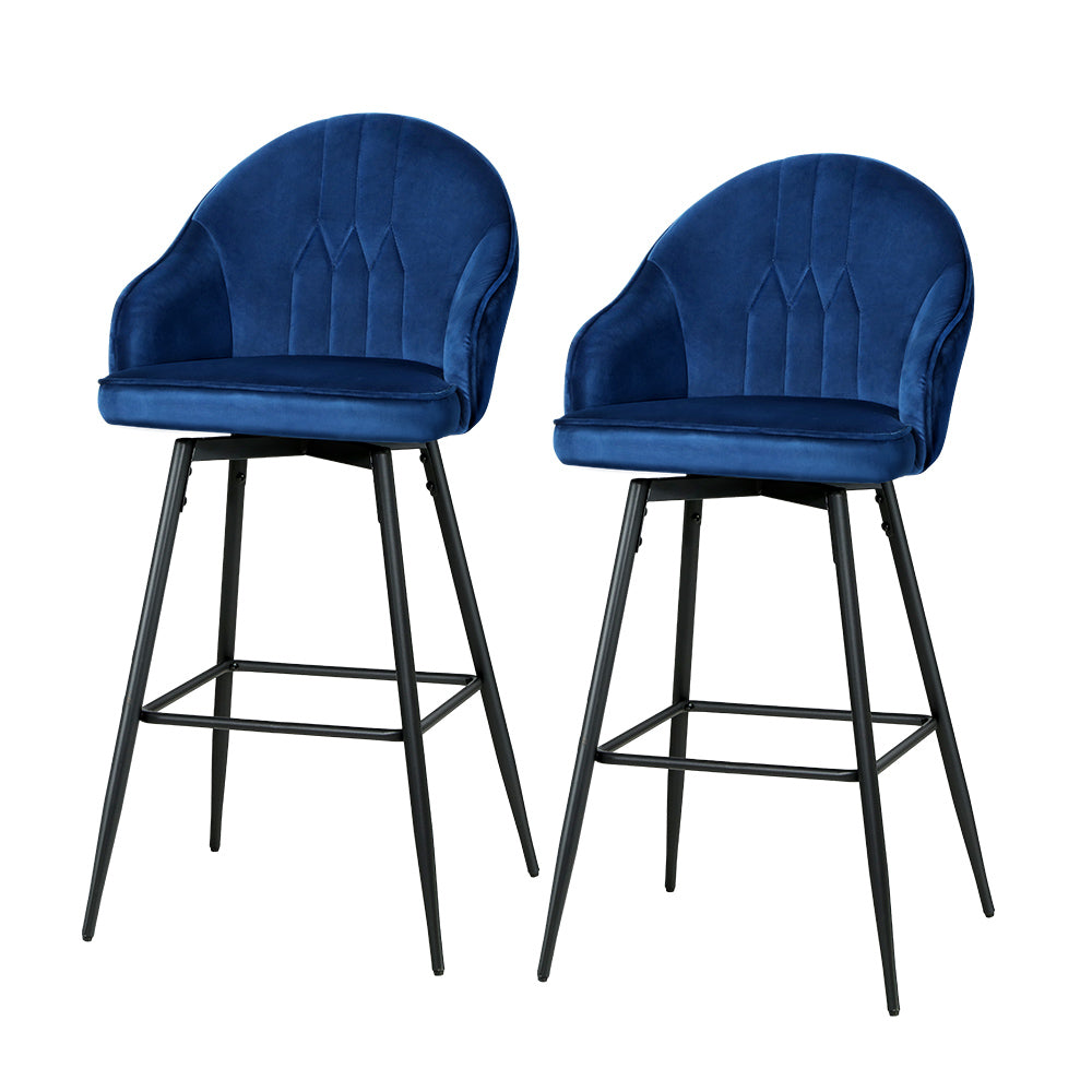 Table & Bar Stools: Artiss 2x Bar Stools Velvet Swivel Metal Legs Blue