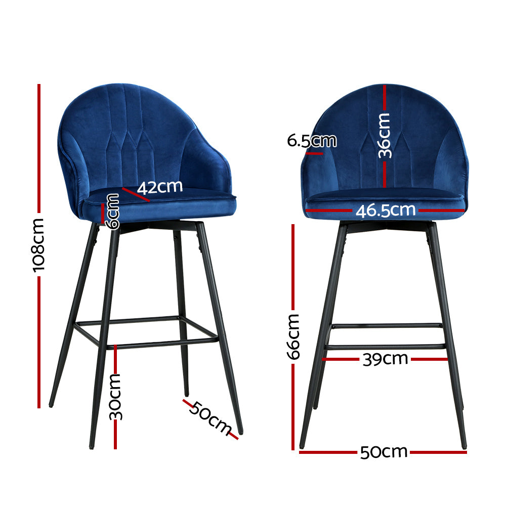 Table & Bar Stools: Artiss 2x Bar Stools Velvet Swivel Metal Legs Blue