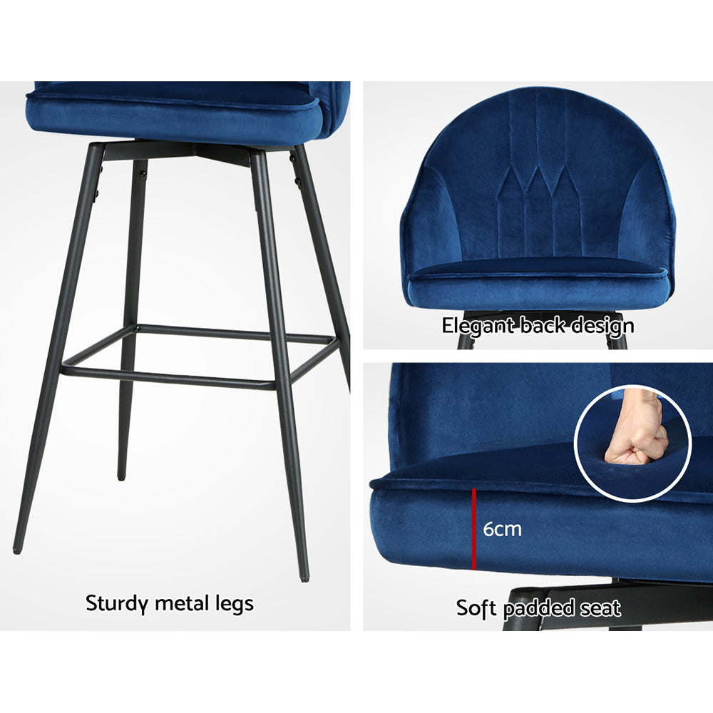 Table & Bar Stools: Artiss 2x Bar Stools Velvet Swivel Metal Legs Blue