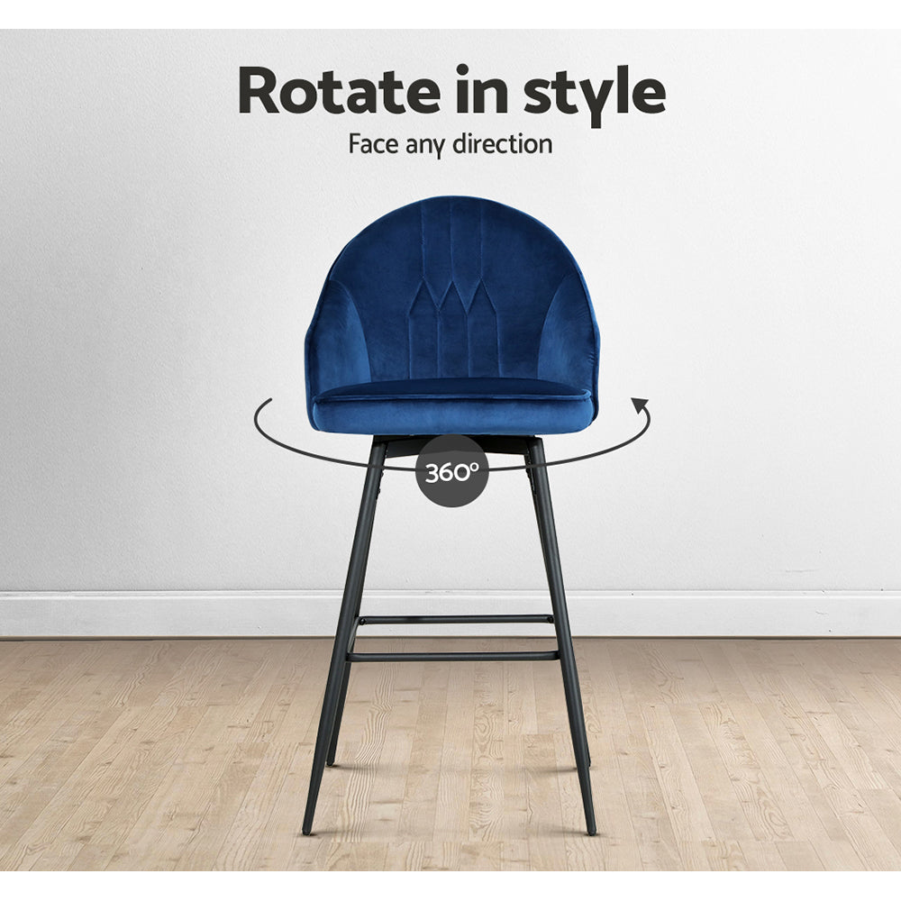 Table & Bar Stools: Artiss 2x Bar Stools Velvet Swivel Metal Legs Blue