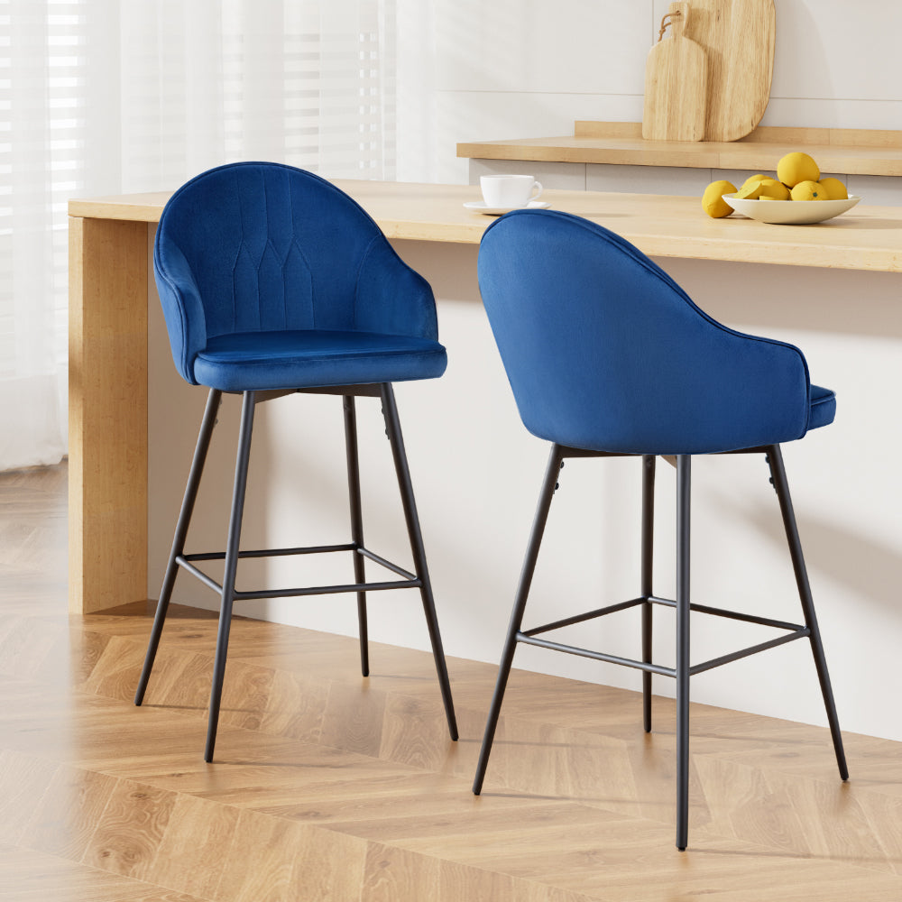 Table & Bar Stools: Artiss 2x Bar Stools Velvet Swivel Metal Legs Blue