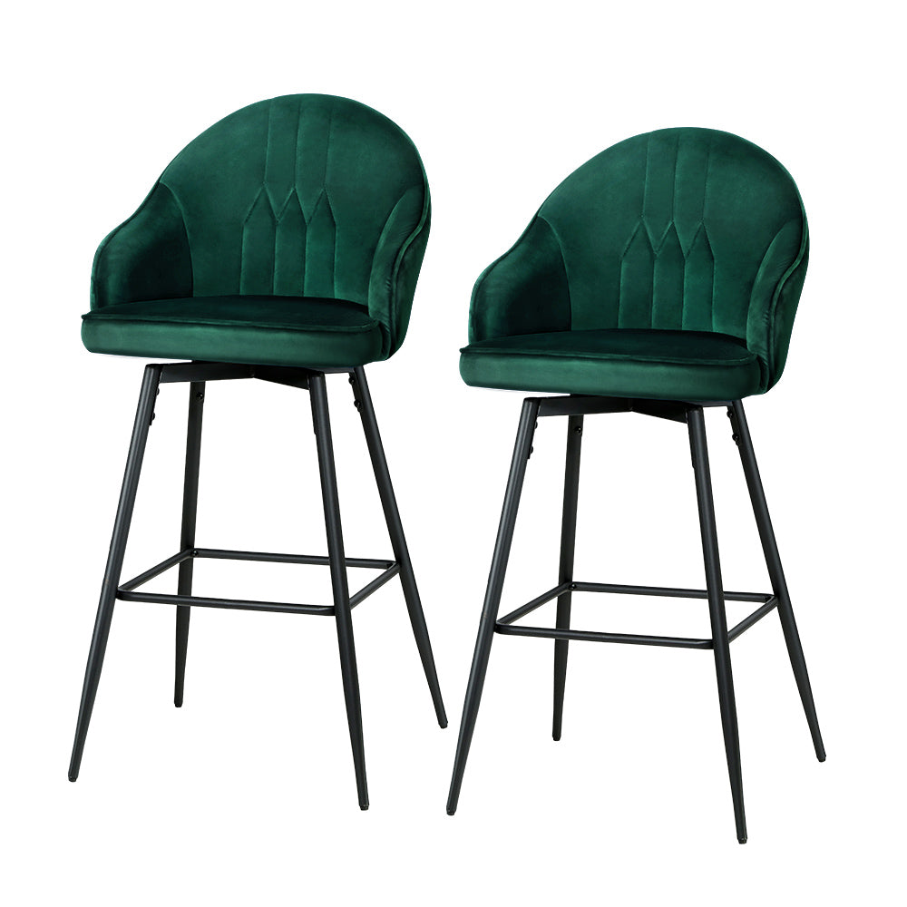Table & Bar Stools: Artiss 2x Bar Stools Velvet Swivel Metal Legs Green