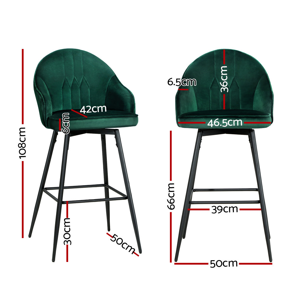 Table & Bar Stools: Artiss 2x Bar Stools Velvet Swivel Metal Legs Green