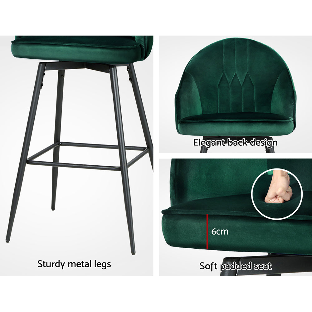 Table & Bar Stools: Artiss 2x Bar Stools Velvet Swivel Metal Legs Green