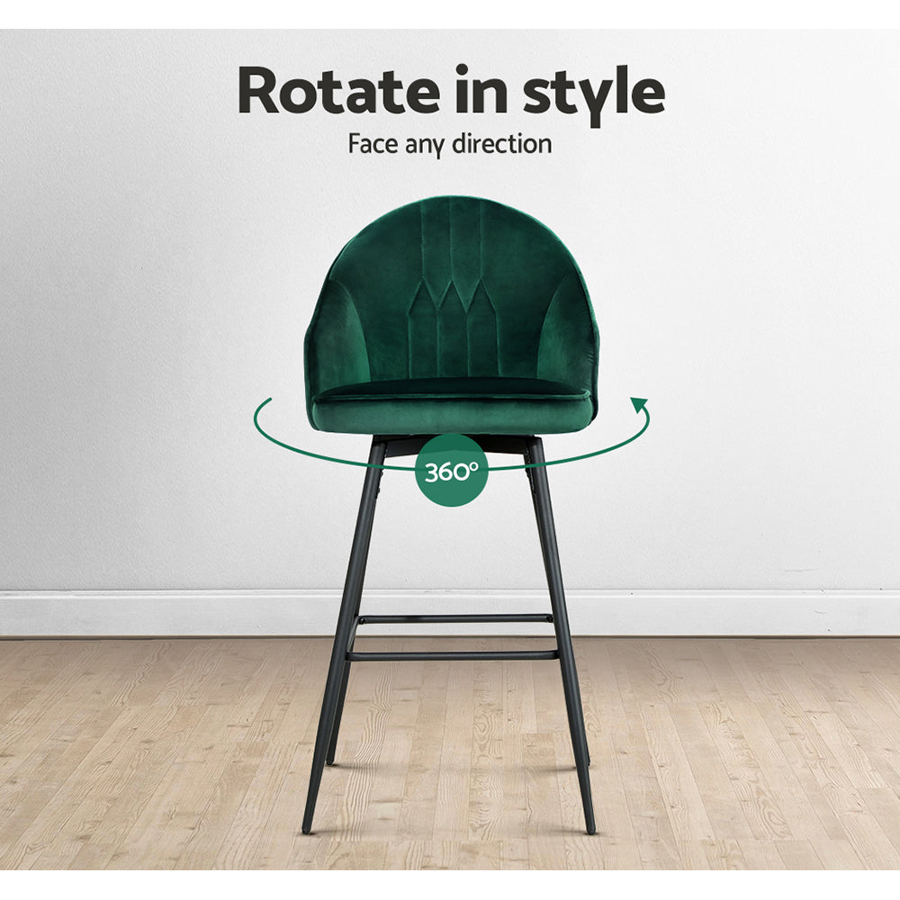 Table & Bar Stools: Artiss 2x Bar Stools Velvet Swivel Metal Legs Green