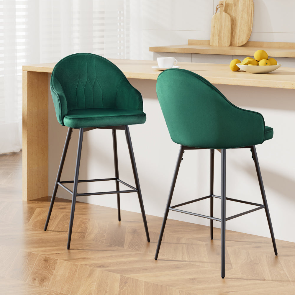 Table & Bar Stools: Artiss 2x Bar Stools Velvet Swivel Metal Legs Green