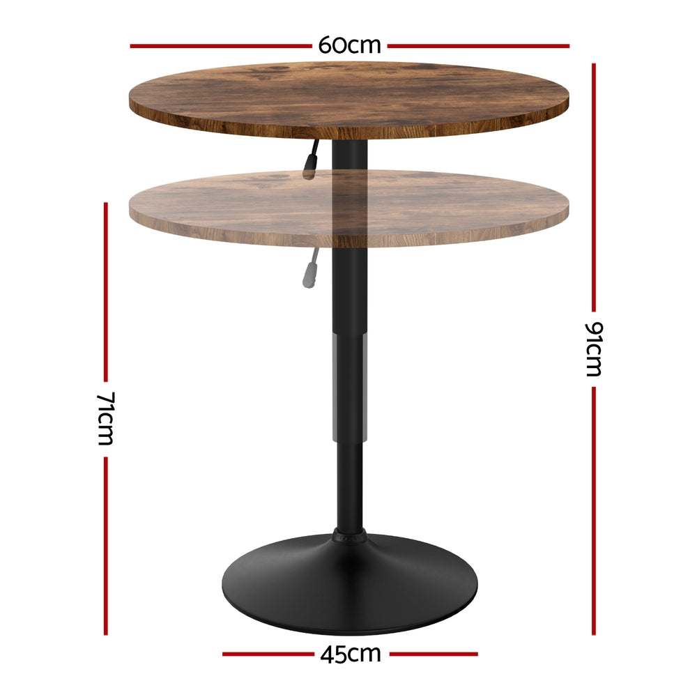 Table & Bar Stools: Artiss Height Adjustable Bar Table 360 Swivel Round Gaslift Design 60cm Rustic Brown Black