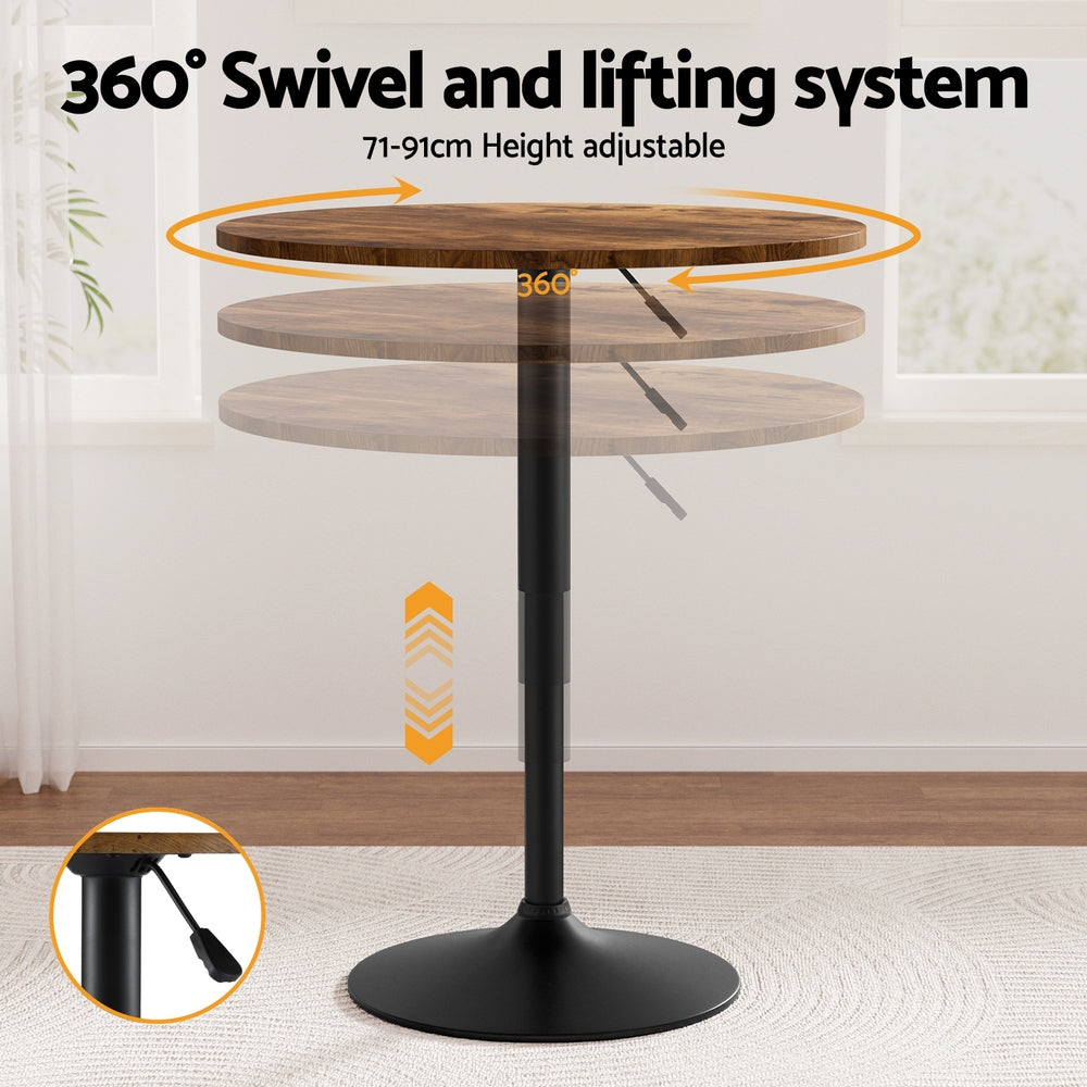 Table & Bar Stools: Artiss Height Adjustable Bar Table 360 Swivel Round Gaslift Design 60cm Rustic Brown Black