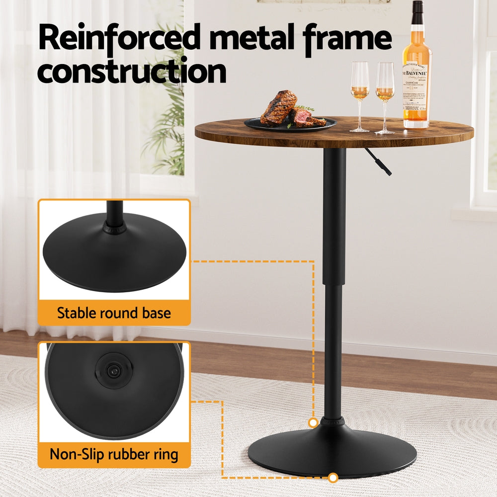 Table & Bar Stools: Artiss Height Adjustable Bar Table 360 Swivel Round Gaslift Design 60cm Rustic Brown Black