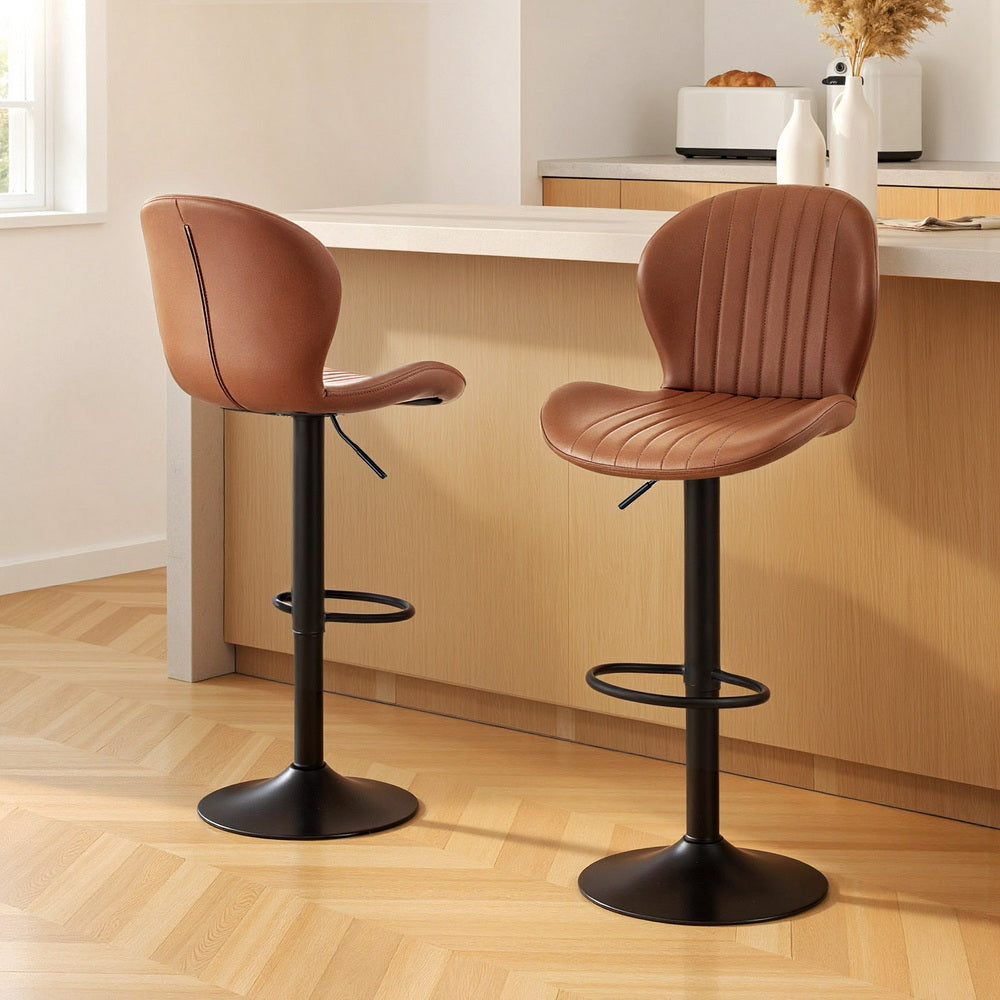 Table & Bar Stools: Artiss 2x Bar Stools Kitchen Swivel Gas Lift Counter Chair Shell Leather Brown