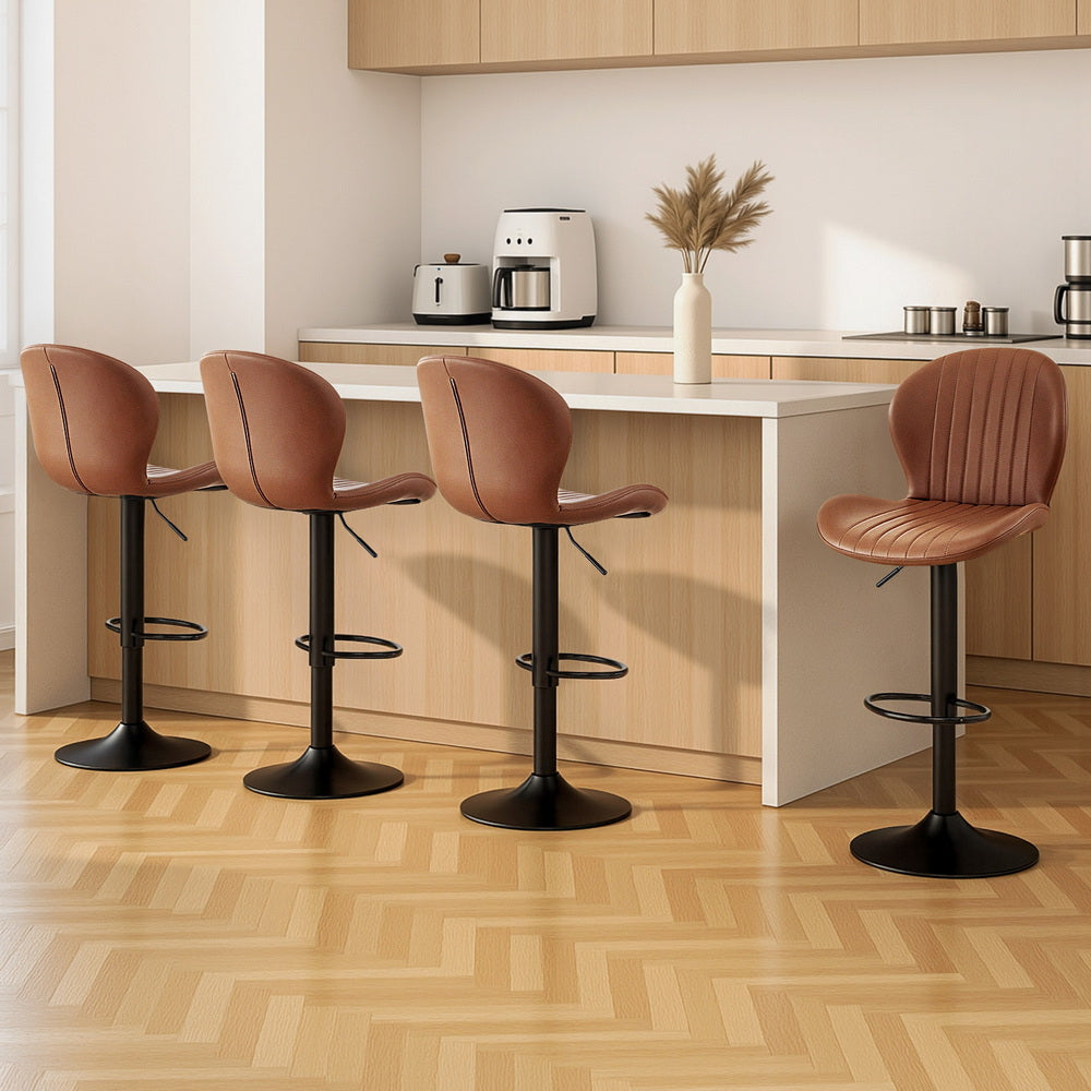 Table & Bar Stools: Artiss 4x Bar Stools Kitchen Swivel Gas Lift Counter Chair Shell Leather Brown