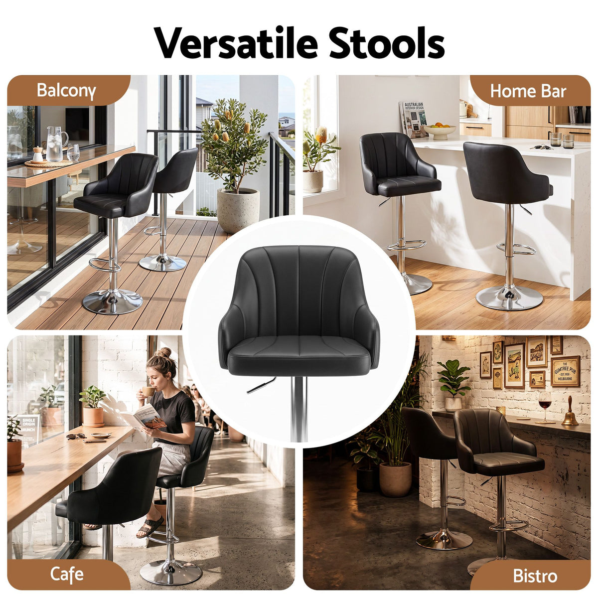 Artiss Bar Stool X2 Gas Lift Adjustable Curved Striped Backrest PU Leather Black