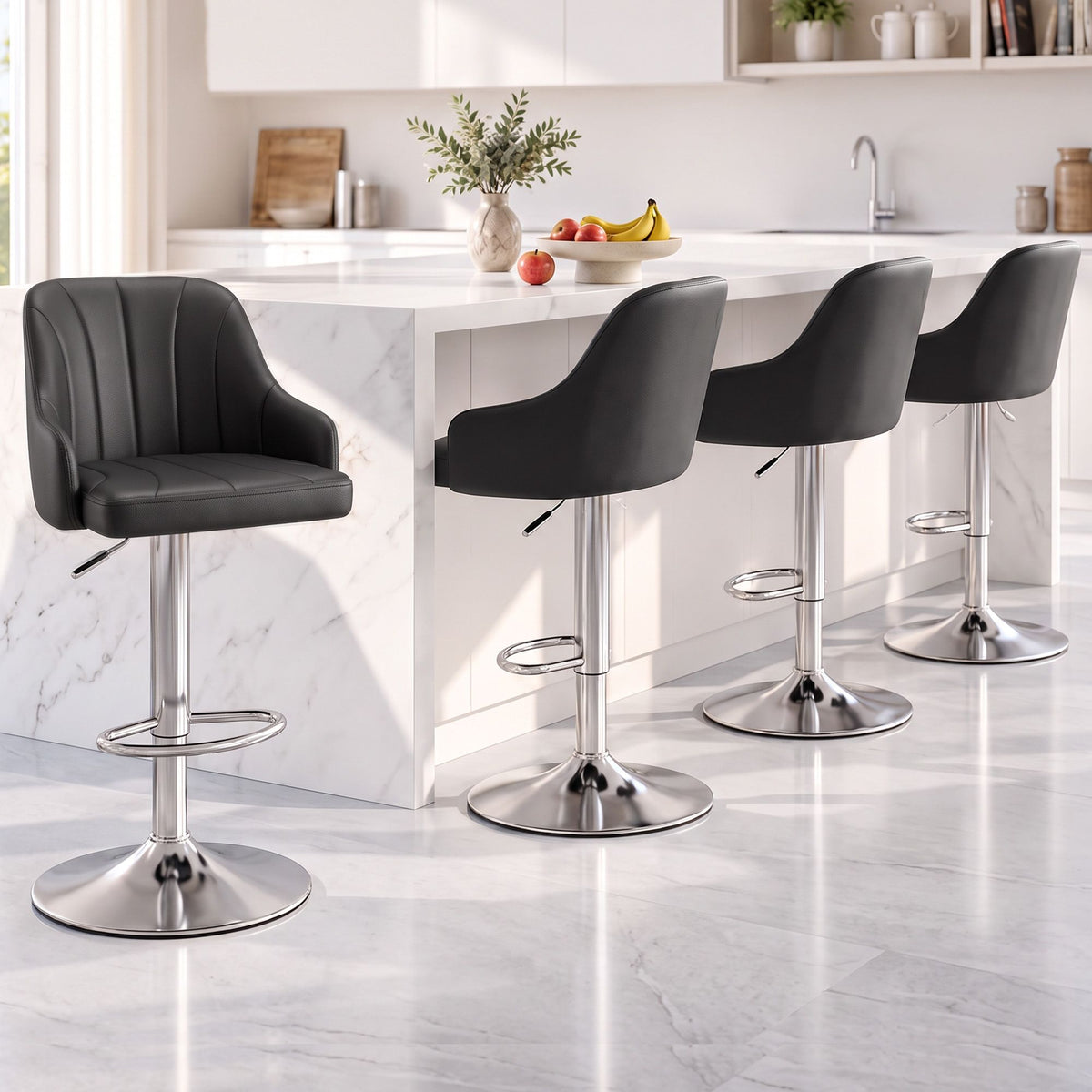 Artiss Bar Stool X4 Gas Lift Adjustable Curved Striped Backrest PU Leather Black