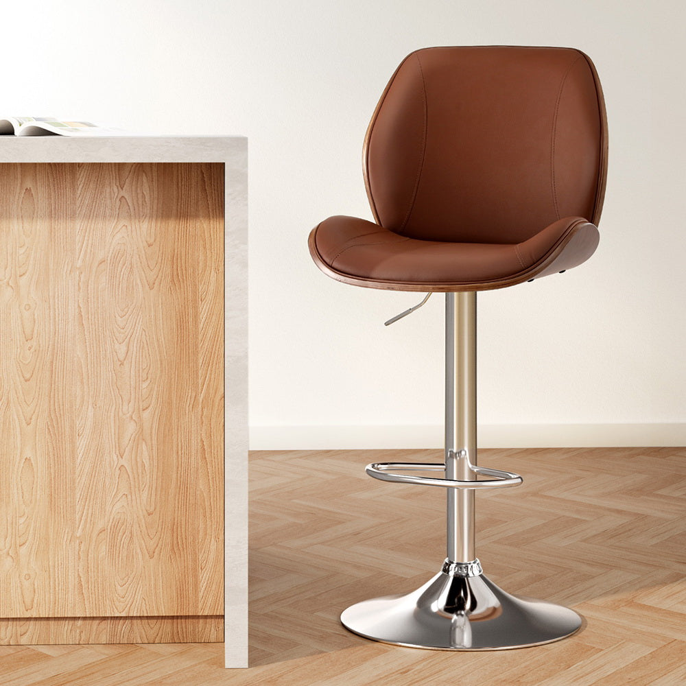 Table & Bar Stools: Artiss 1X Bar Stool Bentwood Swivel Adjustable Kitchen Dining Counter Stool Leather Brown