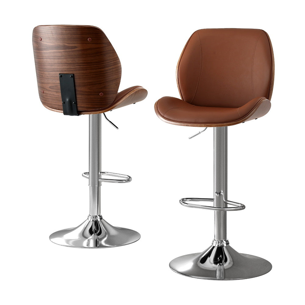 Table & Bar Stools: Artiss 2X Bar Stools Bentwood Adjustable Kitchen Counter Chair Leather Brown