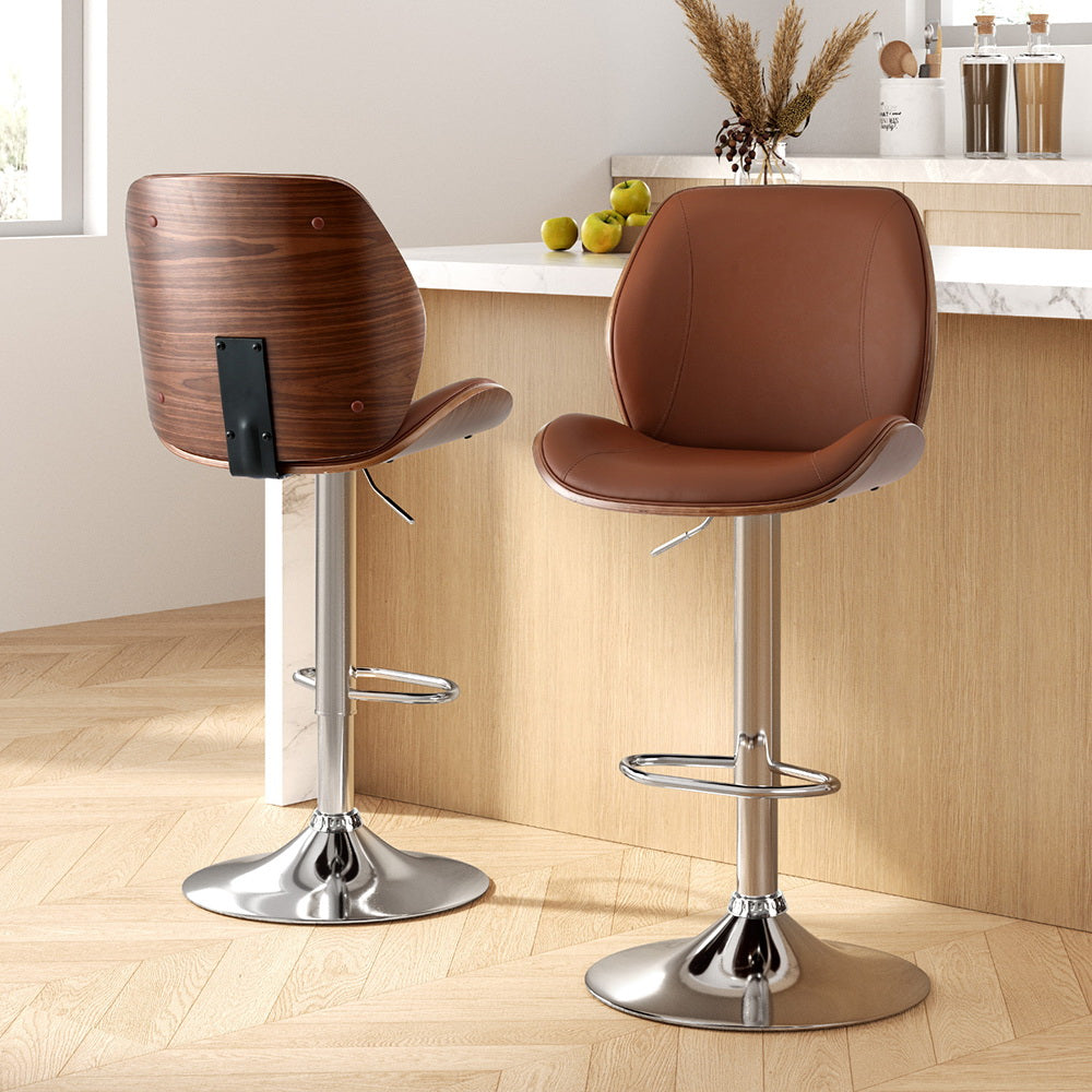 Table & Bar Stools: Artiss 2X Bar Stools Bentwood Adjustable Kitchen Counter Chair Leather Brown