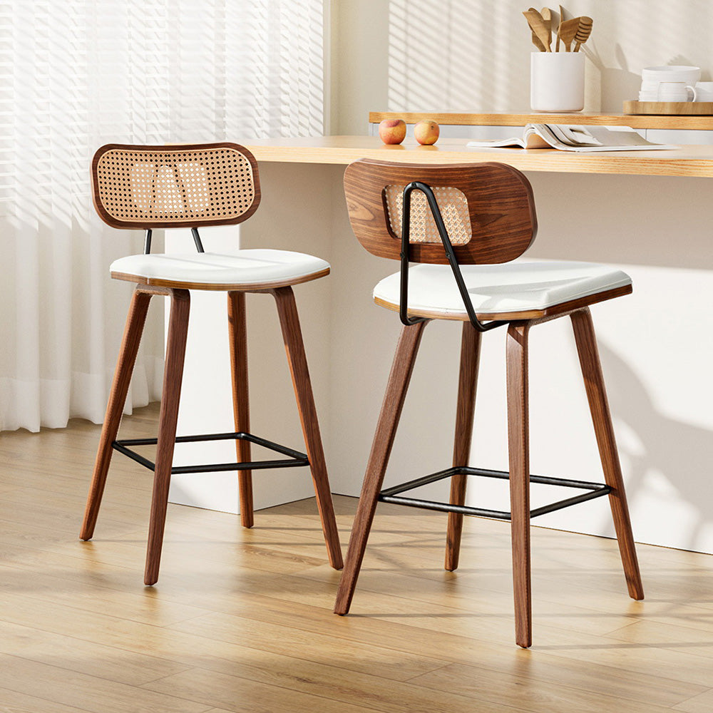 Table & Bar Stools: 2x Artiss Bar Stools Kitchen Counter Rattan Chairs PU Leather Padding