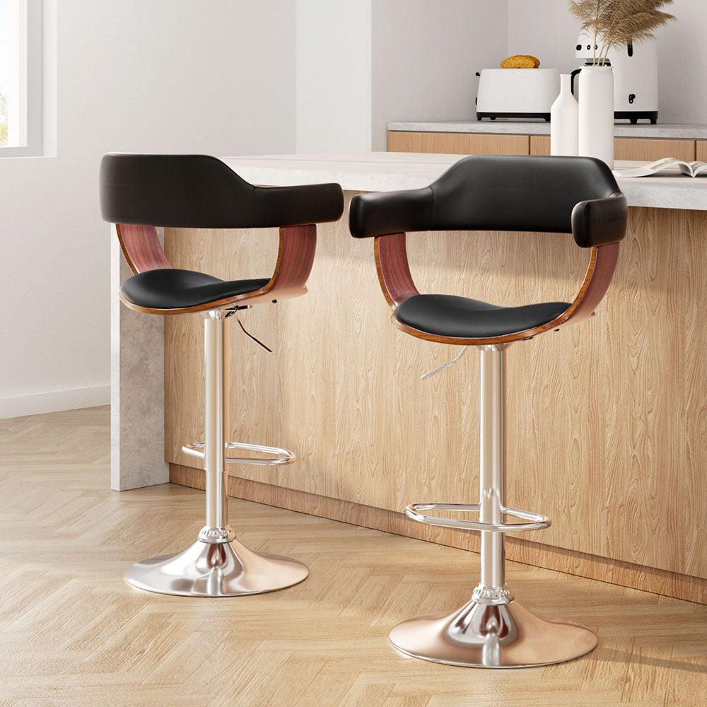 Table & Bar Stools: Artiss 2x Bar Stools Gas Lift Leather w/Armrest Black