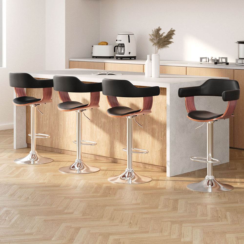 Table & Bar Stools: Artiss 4x Bar Stools Gas Lift Leather w/Armrest Black