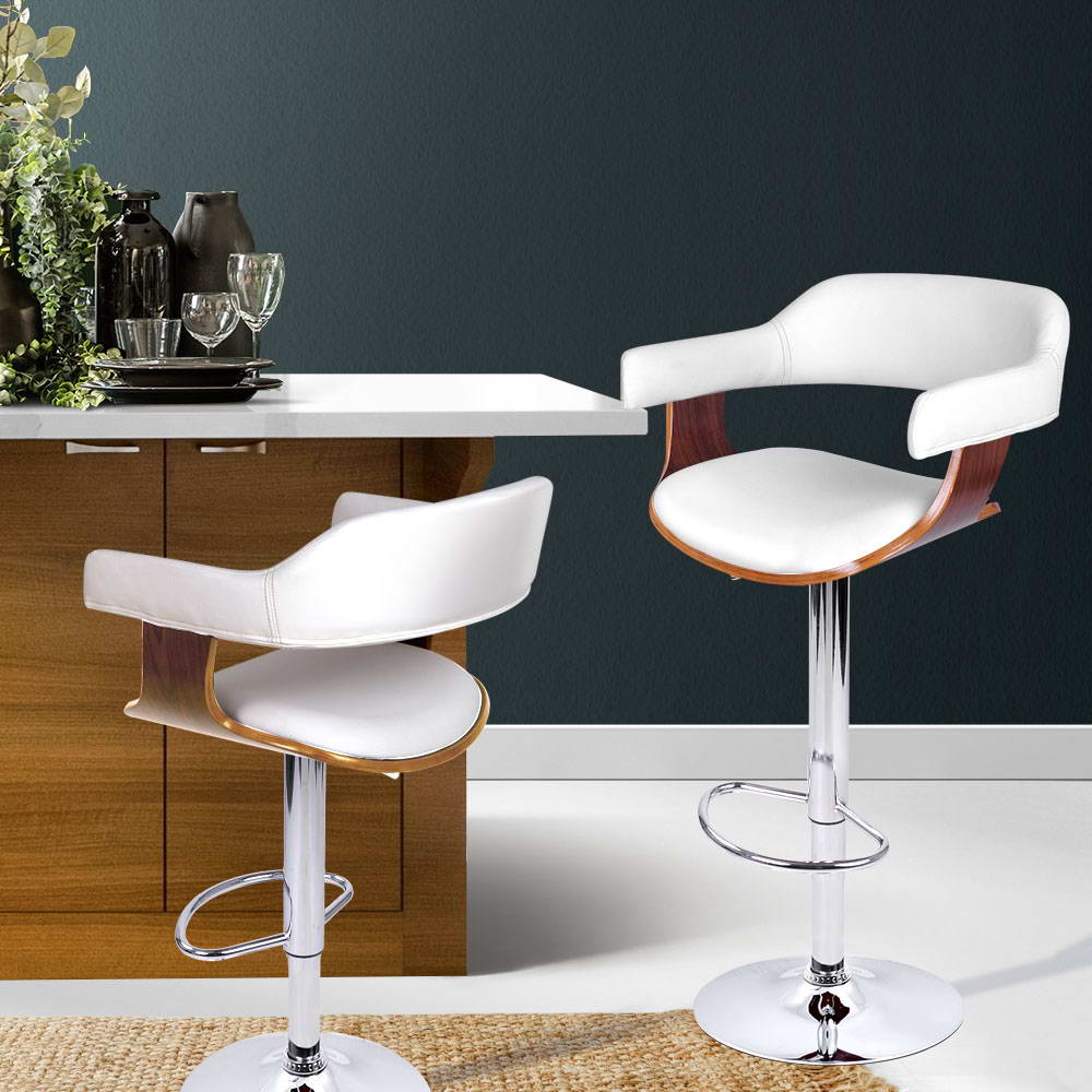 Table & Bar Stools: Artiss Bar Stools Gas Lift Leather w/Armrest White