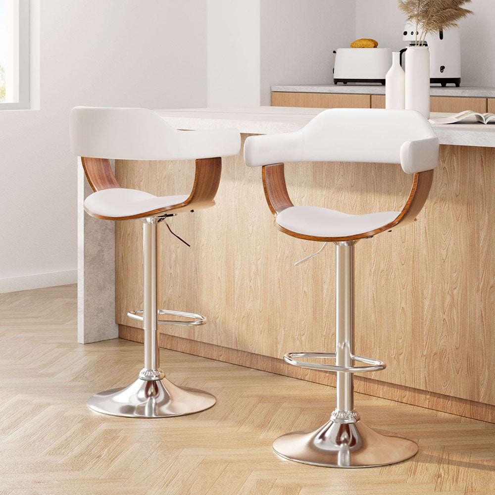 Table & Bar Stools: Artiss 2x Bar Stools Gas Lift Leather w/Armrest White