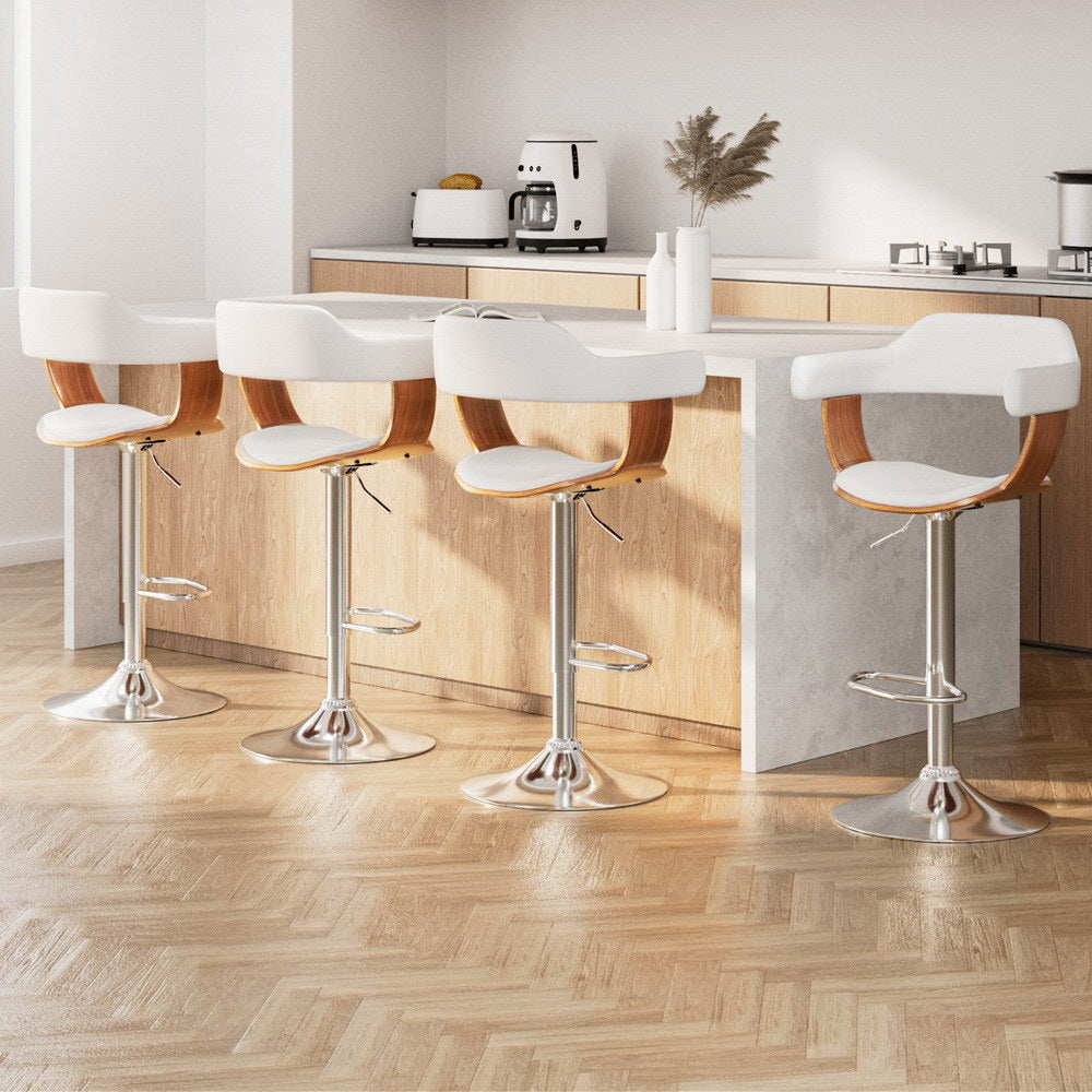 Table & Bar Stools: 4x Artiss Bar Stools Gas Lift Leather with Armrest White