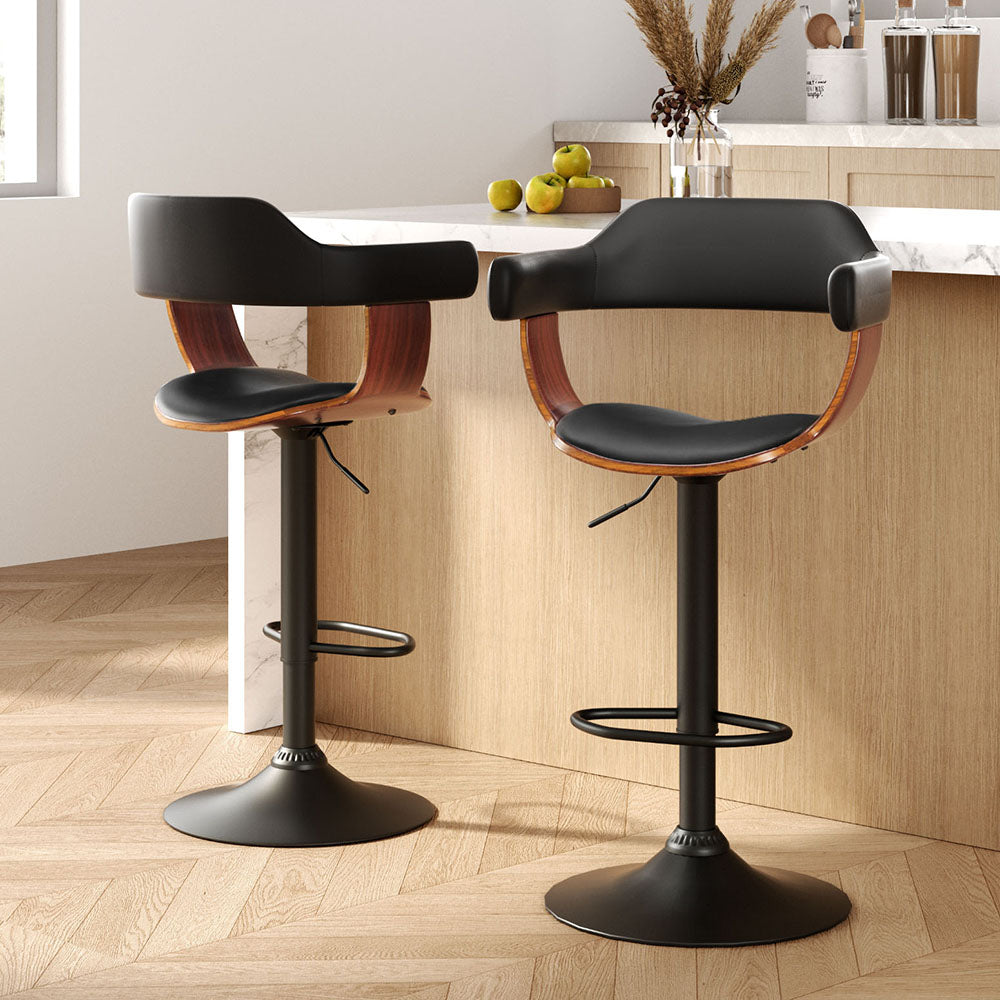 Table & Bar Stools: Artiss 2x Bar Stools Gas Lift Leather w/Armrest All Black