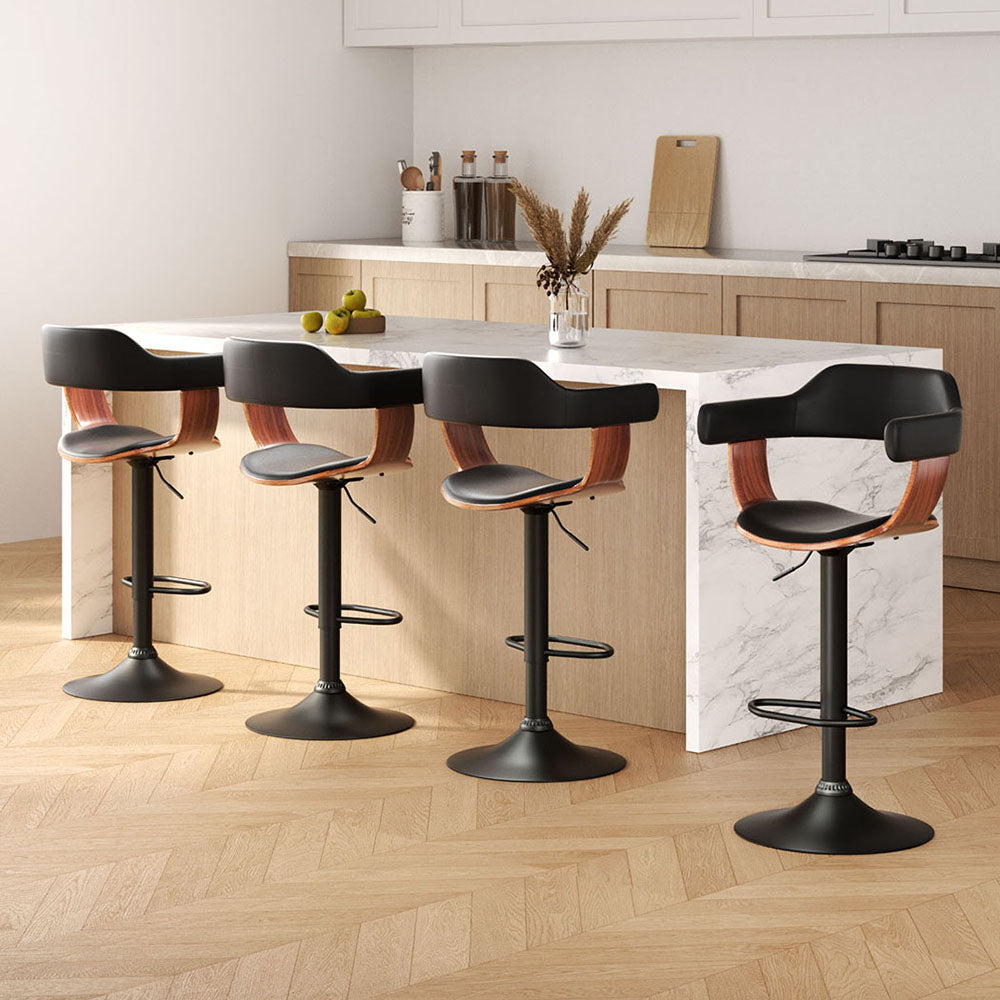 Table & Bar Stools: Artiss 4x Bar Stools Gas Lift Leather w/Armrest All Black
