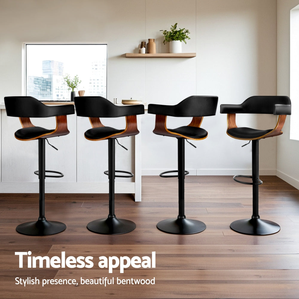 Table & Bar Stools: Artiss 4x Bar Stools Gas Lift Leather w/Armrest All Black