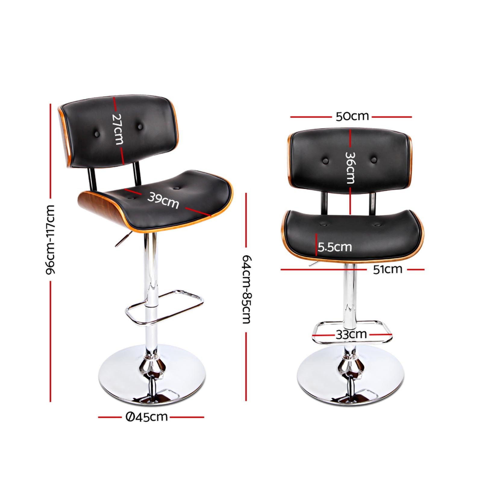 Table & Bar Stools: Artiss 2x Bar Stools Gas Lift Leather Black