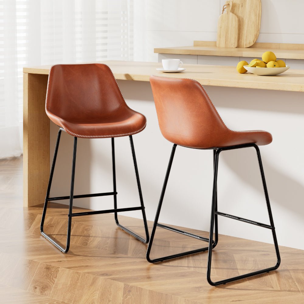 Table & Bar Stools: Artiss Bar Stools Kitchen Counter Barstools Leather Metal Chairs Brown x2